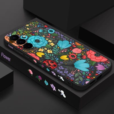 Zachte TPU Hoes Voor Samsung Galaxy S25 S22 S23 S24 Ultra S24 FE A56 A55 A53 A54 A15 A16 A36 5G Lieveheersbeestje Bloemen Bedrukte Telefoonhoes Galaxy S25 blue