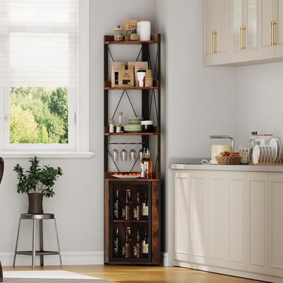 Industriële Barkast Hoek – Wijnrek 178 cm Hoog – 5 Niveaus – Met Glazenhouder & Gaasdeur – Drankkast – Ruimtebesparend – bruin Houtnerf