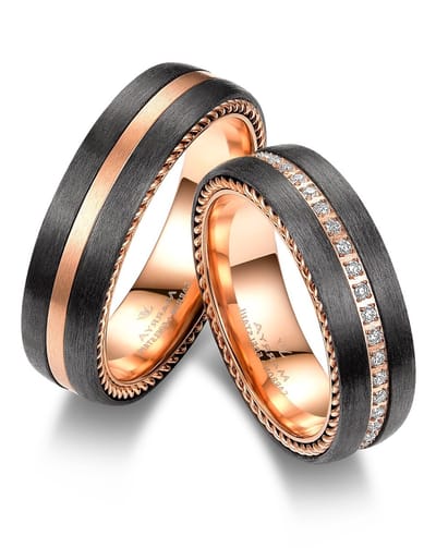 Jonline SET Trouwringen Zwart Carbon Rosé Zirkonia |Vriendschapsringen|Relatie ringen