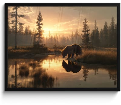 Poster in lijst - Fotolijst 80x60 cm - Posters - Beer - water - Bos - Ochtendlicht - Posterlijst zwart - Decoratie - Wanddecoratie woonkamer - Muurdecoratie slaapkamer