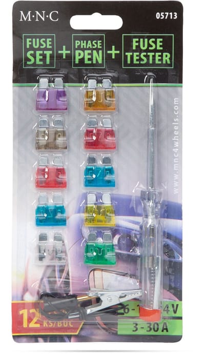 Auto Zekeringenset Met Tester – 10 Delige Steekzekering Set 3–30A – Inclusief Spanningszoeker / Fasepen – Knife Fuses Voor Auto En Car Audio – Geschikt Voor 6–12–24V – Zekeringen 19 × 13 Mm [05713]
