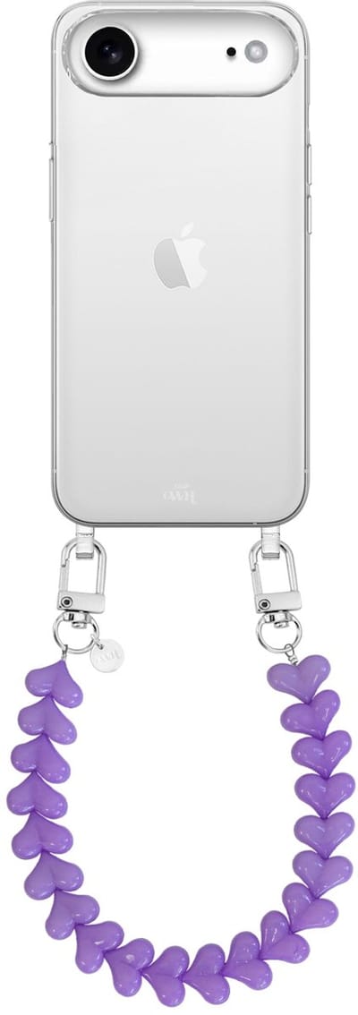 xoxo Wildhearts siliconen hoesje - Geschikt voor iPhone 17 Air hoesje - Funky Hearts - Telefoonhoesje - Hoesje met koord - Paars koord - kort telefoonkoord - Hartjes ketting - Transparant hoesje