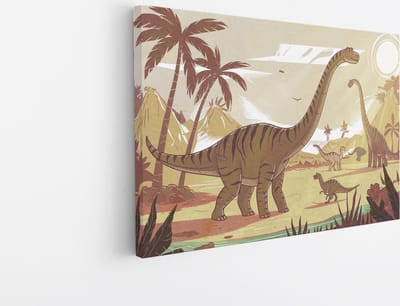 Saammp Canvas Schilderij - Schattige dinos - Kinderkamer - 45x30 - Foto op canvas - Wanddecoratie - Muurdecoratie Woonkamer - Slaapkamer decoratie - Canvas Print