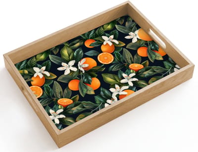 Dienblad hout 40x30 cm - Schootdienblad - Sinaasappels - Bloesems - Bladeren - Tropisch - Borrelplank rechthoek - Plateau dienbladen