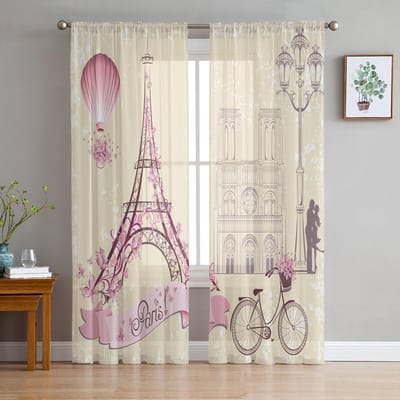 Rideaux Voiles Transparents en Mousseline Rose Tour Eiffel Montgolfière Vélo pour Décoration de Salon Chambre Rideaux Tulle 1 PCS W100XH250cm&Grommet Top white