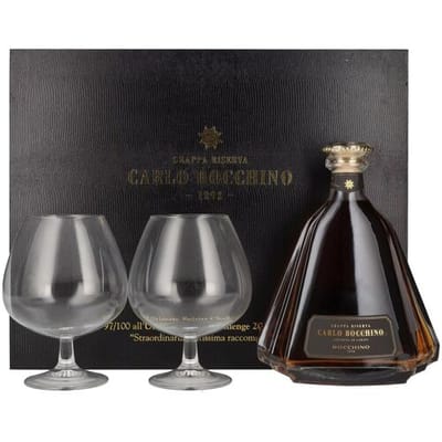 Carlo Bocchino Grappa Riserva 43% Vol. 0,7l in geschenkverpakking met 2 Bril