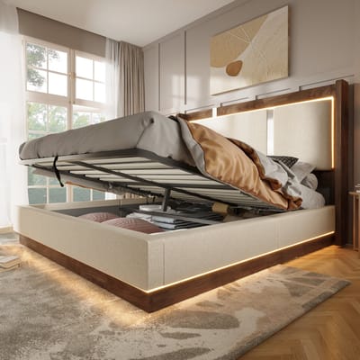 OKWISH Gestoffeerd Bed 140x200 cm - Met Ledverlichting En Hydraulische Opbergruimte - Zonder Matras - Linnen Hout - Beige
