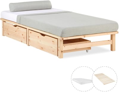 Homestyle4u Palletbed - 90x200 cm - Houten bed - met matras - Bedbak - Natuur