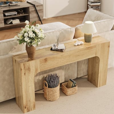 Console van 160 cm lang, houten rechthoekige salontafel voor achter de bank, stevige landelijke haltafel voor de hal, gang of woonkamer, naturel