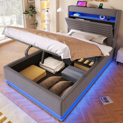MODFU Gestoffeerd Bed - Opbergruimte Met Hydraulische Lift En Ledverlichting - Met Oplaadpoorten - Grijs - 90x200 Cm
