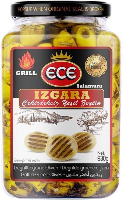 Ece Pitloze Groene Gegrilde Olijven 930 g – Izgara zeytin - Mediterrane Olijven in Glazen Pot, Premium Kwaliteit