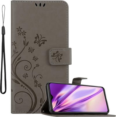 Cadorabo Hoesje geschikt voor Xiaomi RedMi NOTE 8 PRO in BLOEMEN GRIJS - Beschermhoes in bloemmotief met magnetische sluiting, standfunctie en kaartsleuven Book Case Cover Etui
