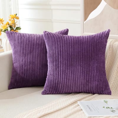 Famanu - Corduroy kussenhoezen 40x40 cm aubergine paars set 2, zachte gestreepte effen sierkussens, boho decor