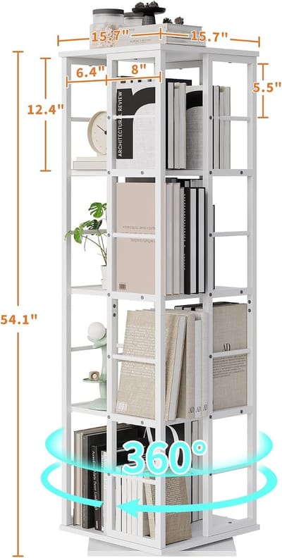360° draaibare boekenplank – 4-laags industriële metalen hoekplank- grote capaciteit- ideaal voor kantoor- woonkamer en slaapkamer – wit