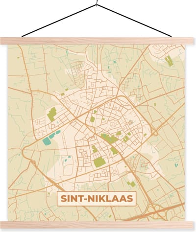 Posterhanger incl. Poster 40x40 cm - Schoolplaat - België - Sint-Niklaas - Kaart - Stadskaart - Plattegrond - Textielposter - Blanke latten - Stadskaart