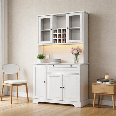 KOMHTOM - Keukenkast hoge kast - Vitrinekast met deur - Geïntegreerd kruidenrek - Verstelbare planken - LED-verlichting met kleurwisseling - Stopcontact - 180x105x40 cm