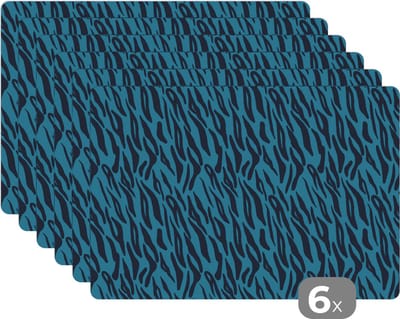 Placemat - Placemats kunststof - Tijger - Blauw - Zwart - Design - Dieren - 45x30 cm - 6 stuks - Hittebestendig - Anti-Slip - Onderlegger - Afneembaar