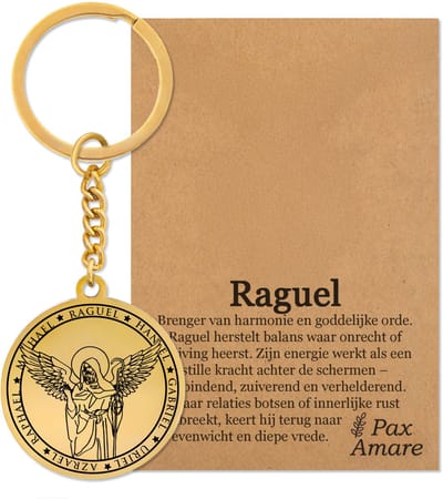 Beschermengel Raguël Sleutelhanger op Cadeau Kaartje – Spiritueel Cadeau van Roestvrij Staal – Goudkleurig – Pax Amare