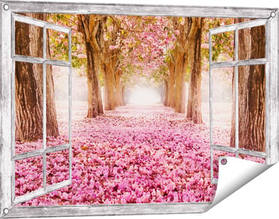Gards Tuinposter Doorkijk Romantische Bomen Tunnel met Roze Anjers - 90x60 cm - Tuindoek - Tuindecoratie - Wanddecoratie buiten - Tuinschilderij
