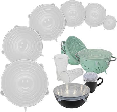 Famanu - Set van 6 universele siliconen deksels rond – 6,5 cm tot 20,5 cm – rekbare vershouddeksel – Stretch siliconen afdekking verschillende maten vaatwasmachinebestendig herbruikbaar