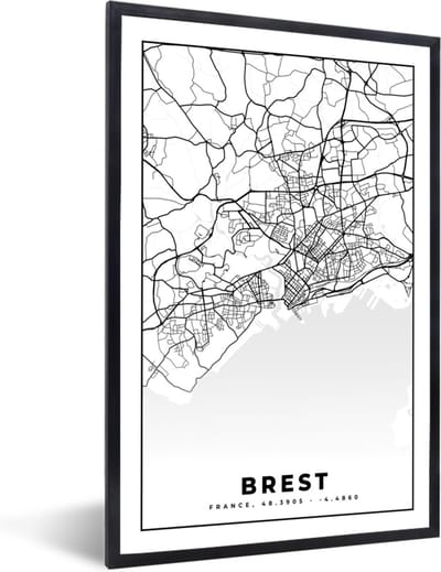 Fotolijst incl. Poster Zwart Wit- Stadskaart - Plattegrond - Kaart - Frankrijk - Brest - Zwart wit - 40x60 cm - Posterlijst