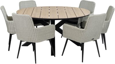 7-delige ronde tuinset | 6 Pisa tuinstoelen (White) | ⌀150cm Cyprus tuintafel (Wood)