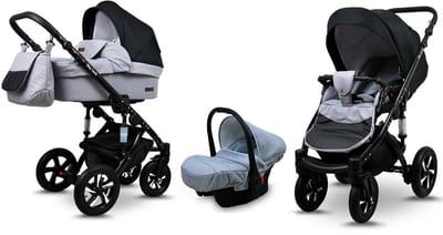 BabyLux® Kinderwagen 3in1 – SKY LARK - Silver Flex Black BLACK FRAME - Opklapbare Wandelwagen incl. Reiswieg, Multifunctionele Buggy Sportstoel, Autostoel - Combi-kinderwagen met Luiertas, Regenhoes, Klamboe, Bekerhouder, etc.