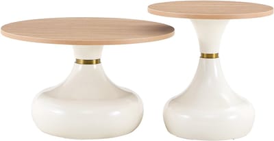 Salontafel Set van 2 - Travertin Look & Hout - Ronde Bijzettafel met Metalen Onderstel - Woonkamer - Wit/Goud