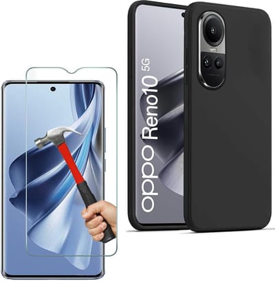 Backcover Hoesje Geschikt voor: OPPO Reno 10 Zwart TPU Silicone Soft Case + 1X Tempered Glass Screenprotector