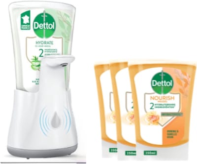 Dettol - Automatische Zeepdispenser No Touch & 3x250ml Handzeep No Touch Navulling - Honing & Sheabutter - Voordeelverpakking