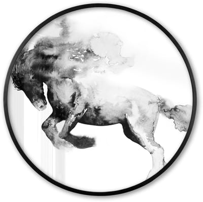 Poster in lijst Rond - Fotolijst 60x60 cm - Posters - Schilderij - Paard - Dieren - Olieverf - Zwart - Wit - Ronde posterlijst zwart - Decoratie - Wanddecoratie woonkamer - Muurdecoratie slaapkamer