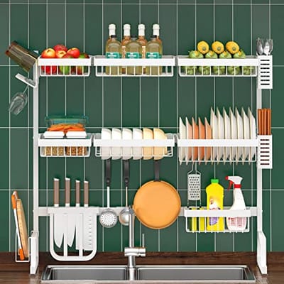 Verstelbaar Afdruiprek voor Gootsteen 33-45 inch - Ruimtebesparende Keuken Organizer met 3 Niveaus en Bestekhouders