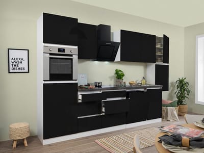 Goedkope keuken 330  cm - complete keuken met apparatuur Lorena  - Wit/Zwart - soft close - keramische kookplaat - vaatwasser - afzuigkap - oven    - spoelbak