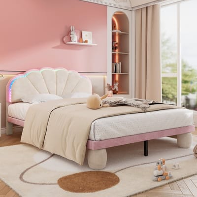 DESMIU Gestoffeerd Bed 140x200cm - Speels Kinderbed Met Wisselende Lichtstroken - Hoofdbord Met Golfrand - Voor Jeugdkamer - Zacht Fluweel - Beige - Zonder Matras