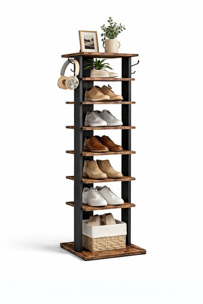 Signature Home smal Schoenenrek - Opbergen van Schoenen - Schoenenbank 8 niveaus - Open Schoenenkast Hout - Opbergkast van Schoenen Industrieel - Hoog Schoenenrek - vintage bruin-zwart - 28 x 28 x 113 cm