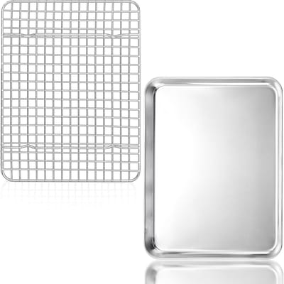 Duurzame Roestvrijstalen Bakplaat met Koelrek, 23.5 x 17.8 cm, Ideaal voor Bakken en Koken, Vaatwasserbestendig en Veelzijdig Keukengerei
