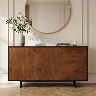 Modern Sideboard ARTO – 135 cm, Zwart/Kastanje – Robuust Woonkamermeubel met 2 Deuren & 3 Laden, Veel Opbergruimte, Onderhoudsvriendelijk Novihome