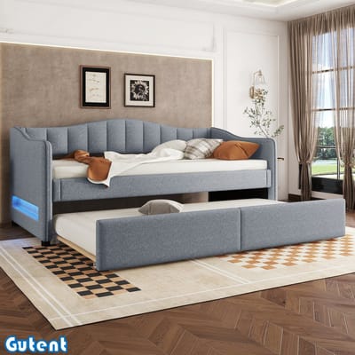 Gutent Slaapbank - 90x200 cm - met uitschuifbaar bed - zonder matras - Ambient Light design - Linnen - Grijs