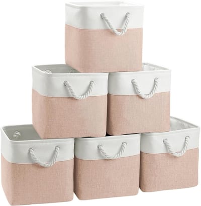 Famanu – Canvas opbergkubussen set van 6 - 30x30x30 cm - stoffen opbergmanden met touwhandgrepen voor thuisorganisatie - roze wit