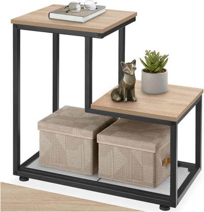 Industriële bijzettafel met twee niveaus en metalen rooster - Compact en stabiel