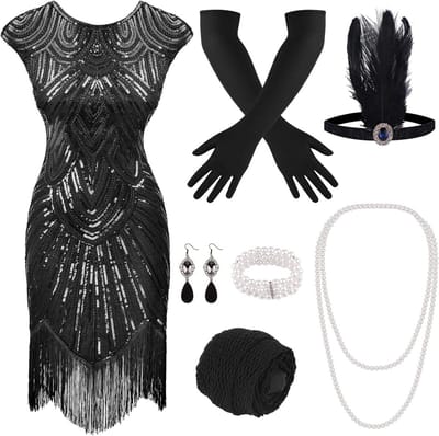 1920s Fringed Flapper Dress met Accessoireset - Vintage Gebeurtenissen