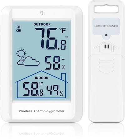 Draadloze Thermometer - Hygrometer Weerstation - Binnen Buiten Meten - 100 Meter Bereik - 4 Inch Display - Wit