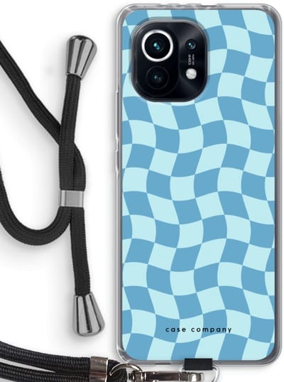 Case Company® - Hoesje met koord geschikt voor Xiaomi Mi 11 hoesje met Koord - Grid Blauw - Telefoonhoesje met Zwart Koord - Bescherming aan alle Kanten en Over de Schermrand