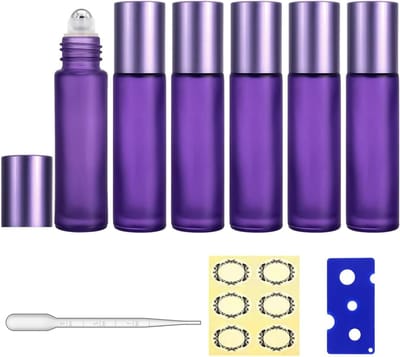 Set van 6 Frosted Glass Roller Bottles van 10ml met RVS Bal, Flesopener en Labels voor Essentiële Olie en Aromatherapie