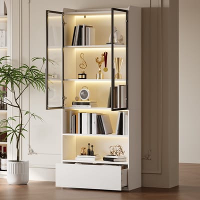 MIVRAY Vitrinekast - Met Glazen Deuren En Lade - Met Ledverlichting Voor Woonkamer - MDF En Glas - 80x34x180 Cm - Wit