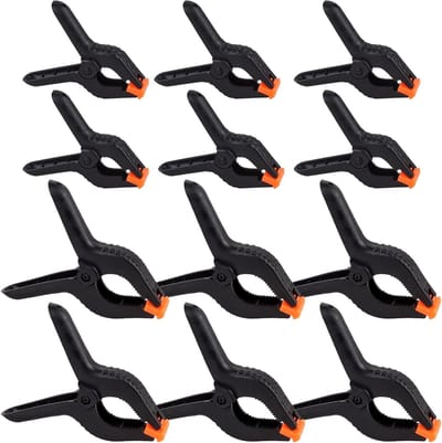 Set van 12 mini clips (4 inch + 6 inch) voor achtergrondklemmen, knutselen en tuinprojecten, stevige zwarte nylon springclips