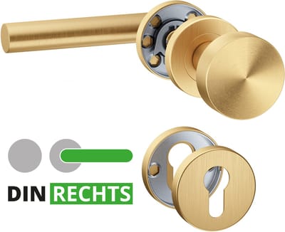 ERGO line NINA Rechts, Roestvrijstalen Goude Deurkrukset, Knop-Kruk, Garnituur met vaste deurknop en rechter deurkruk, PZ-cilinder, PVD Mat Goud, Rozetgarnituur met deurknop, wisselgarnituur deurknop en deurkruk