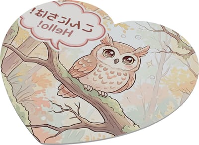 Muismat Hartvormig Kawaii Uil – Japanse Tekst Konnichiwa Hello – Herfst Bos Thema – Schattig Dier Cadeau voor haar: Vriendin & Collega – Hart Vorm Muismat Kantoor – Gaming Accessoire Meisjes – Wijze Uil – Bosdieren Illustratie
