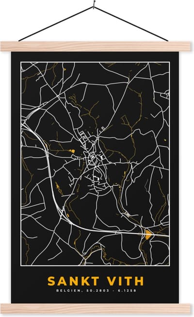 Posterhanger incl. Poster 40x60 cm - Schoolplaat - Sankt Vith - Stadskaart - Kaart - Goud - Plattegrond - Textielposter - Blanke latten - Stadskaart