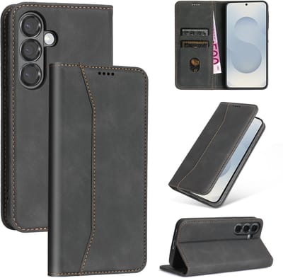 Podec Hoesje met Pasjeshouder geschikt voor Samsung Galaxy S25 Zwart Telefoonhoesje - Anti-Shock Bookcase Cover met 1x Screenprotector